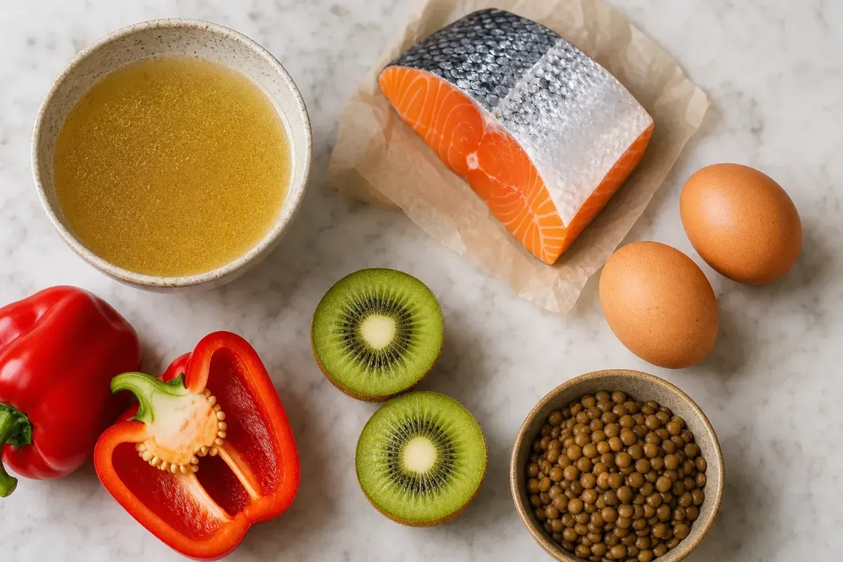 Aliments riches en collagène et cofacteurs disposés sur une table — bouillon d'os, poisson, agrumes, légumineuses et œufs