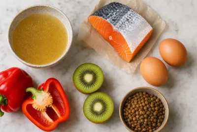 Aliments riches en collagène et cofacteurs disposés sur une table — bouillon d'os, poisson, agrumes, légumineuses et œufs