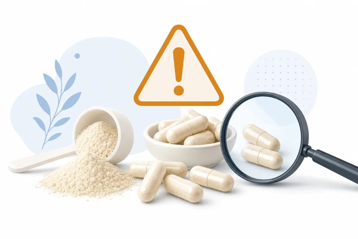 Gélules et poudre de collagène avec symboles de précaution — guide des effets secondaires et contre-indications
