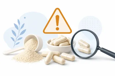 Gélules et poudre de collagène avec symboles de précaution — guide des effets secondaires et contre-indications