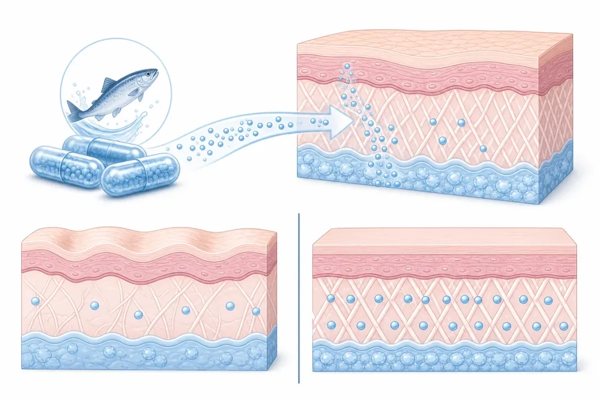 Gélules de collagène marin et coupe transversale cutanée illustrant absorption des peptides et fermeté de la peau