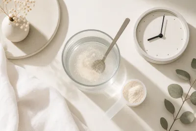 Guide prise du collagène : verre d'eau avec poudre en dissolution, doseur et horloge indiquant l'heure matinale