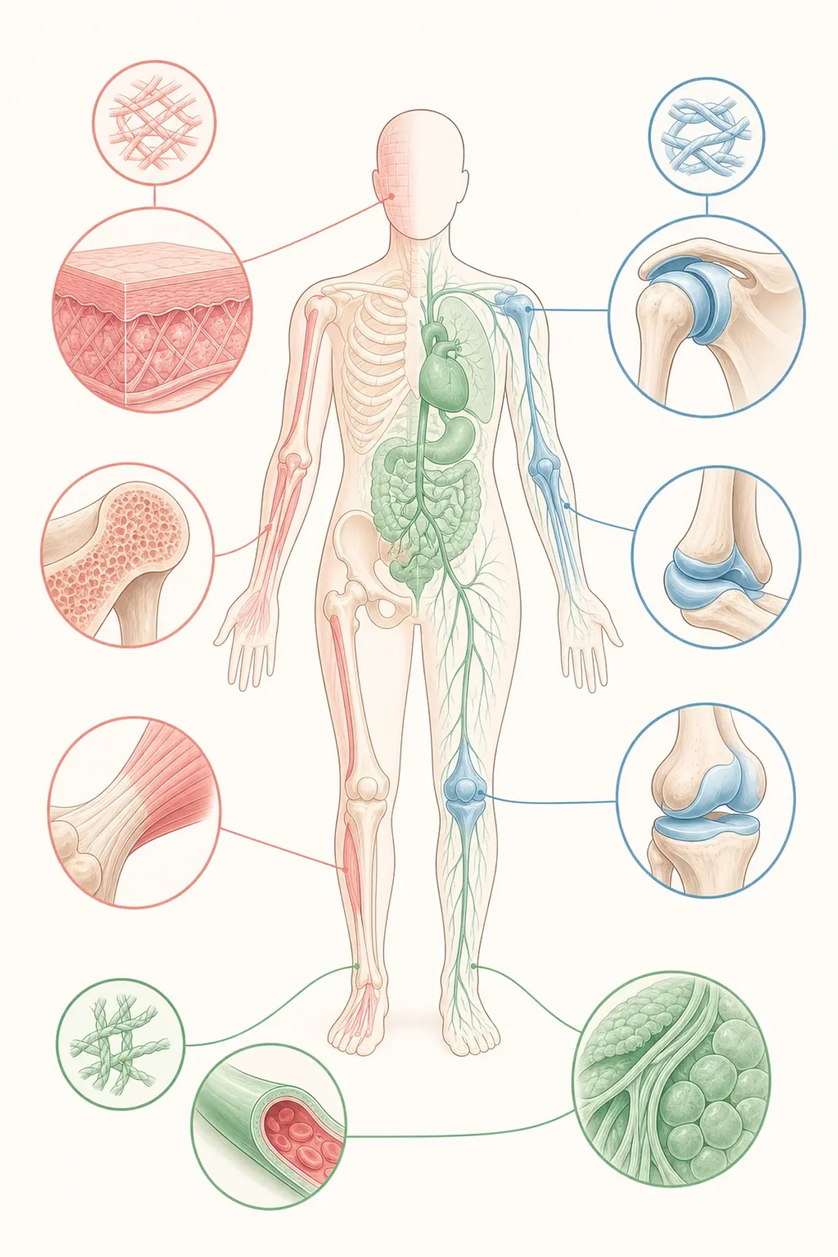 Infographie comparative des trois types de collagène — type 1 peau et os, type 2 cartilage, type 3 tissus mous