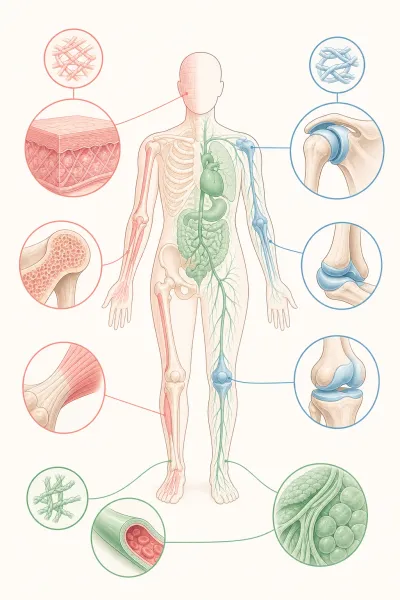 Infographie comparative des trois types de collagène — type 1 peau et os, type 2 cartilage, type 3 tissus mous