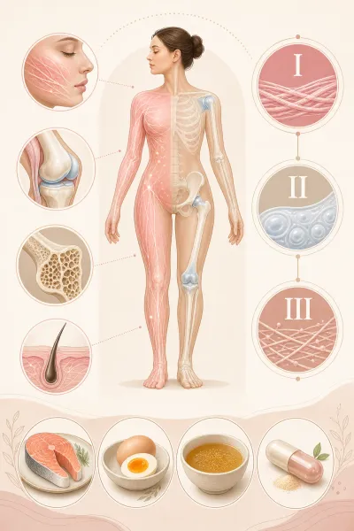 Infographie collagène — types I/II/III, rôles dans peau, articulations, os, cheveux et sources alimentaires