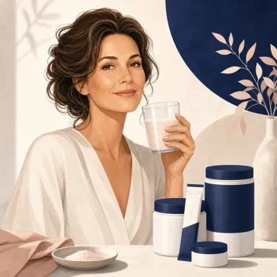 Femme d'une quarantaine d'années tenant un verre de collagène, entourée de quatre contenants rose et bleu marine