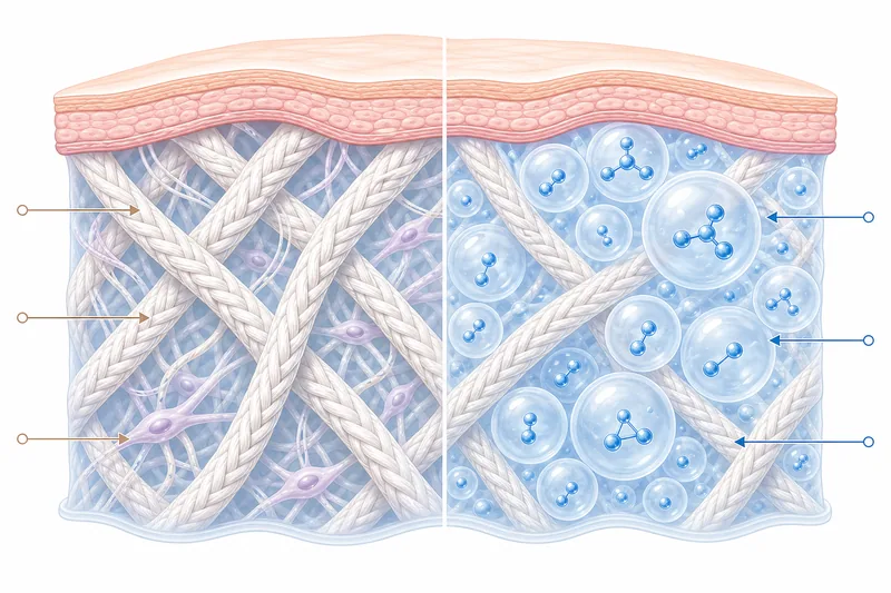 Schéma comparatif du rôle du collagène (réseau structurel) et de l'acide hyaluronique (rétention d'eau) dans la matrice dermique