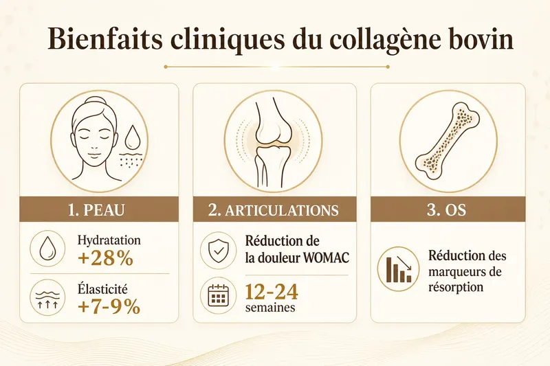 Infographie des bienfaits cliniques du collagène bovin — peau, articulations, os avec données chiffrées des études
