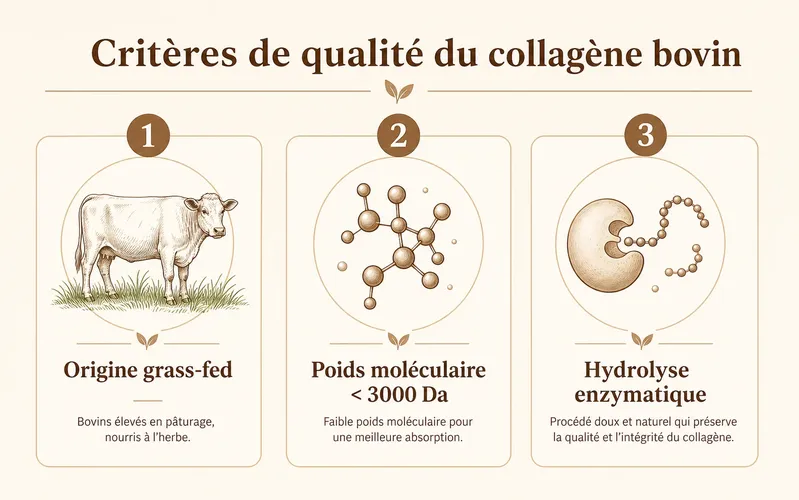Critères de qualité du collagène bovin : label grass-fed, poids moléculaire, hydrolyse enzymatique, certification