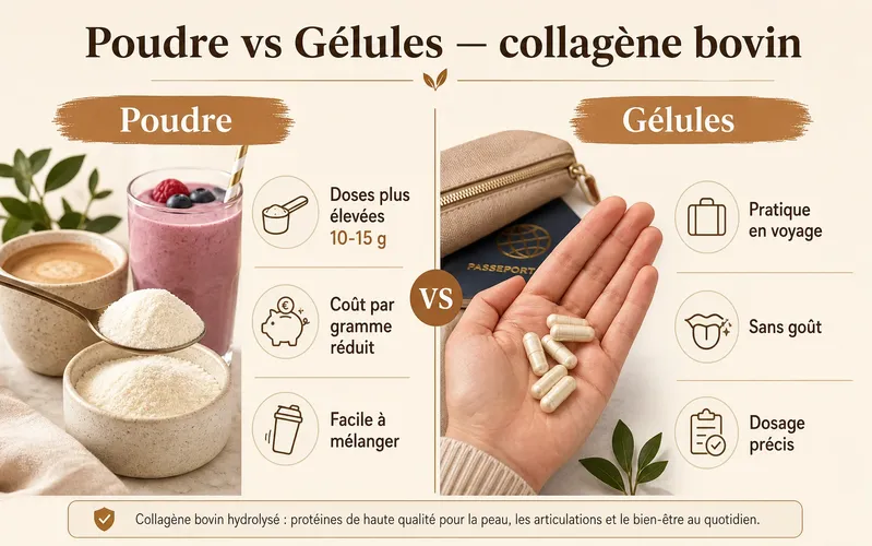 Comparaison pratique collagène bovin en poudre vs gélules — avantages, inconvénients et dosage quotidien