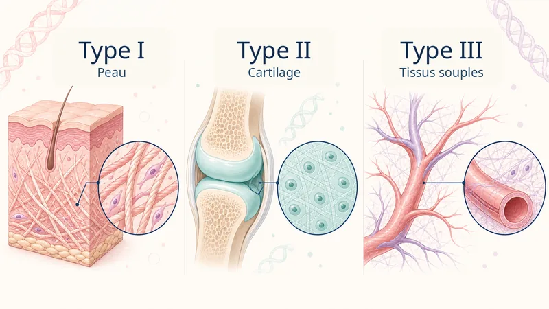 Tableau des types de collagène I, II et III selon l'objectif — peau, cartilage, tissu conjonctif